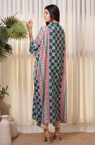 Shopmanto, wear manto, manto clothing brand, manto pakistan, ladies clothing brand, urdu calligraphy clothing, wear manto shrugs, layla shrug teal with urdu calligraphy, women shrugs with urdu calligraphy, women front open upper