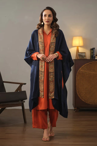 Manto's Unisex Blue Acrylic Cape with Printed Borders