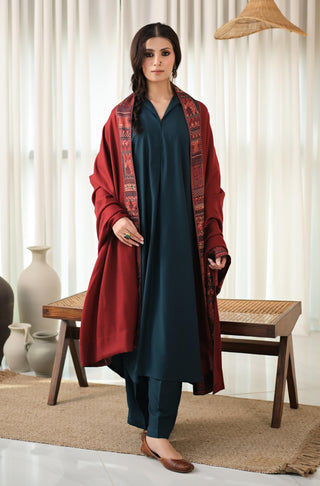 Manto's Unisex Maroon Manzil Shawl with Printed Borders