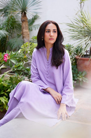 Manto Women's 2 Piece Soft Lavender Solid Kalidaar Co-ord with Loop Buttons on the Neckline