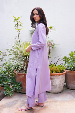 Manto Women's 2 Piece Soft Lavender Solid Kalidaar Co-ord with Paneled Shirt & Straight Pants