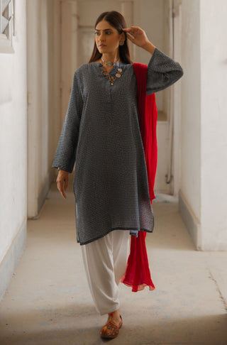 Manto Women's Ready to Wear Blue Lawn Kurta, featuring Urdu Calligraphy of Poetry by Saadat Hasan Manto