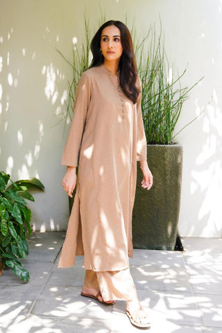 Manto Women's 2 Piece Sandy Beige Solid Kalidaar Co-ord with Paneled Shirt & Straight Pants