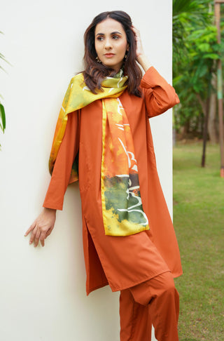 Manto Women's Two Piece Solid Orange Co-Ord Set paired with Jahaan Stole