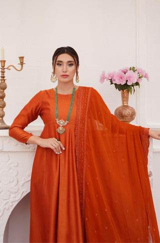 Shopmanto, wear manto, manto clothing brand, manto pakistan, ladies clothing brand, urdu calligraphy clothing, manto burnt orange colour solid women jahaan anarkali 2 piece co-ord set