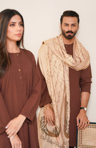 Shopmanto, wear manto, manto clothing brand, manto pakistan, ladies clothing brand, urdu calligraphy clothing, wear manto men's wear solid 2 piece cocoa brown lucknow kurta pajama, manto wash n wear lucknow kurta pajama