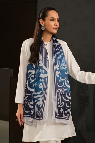 Manto Women's Blue Scarf with Urdu Calligraphy