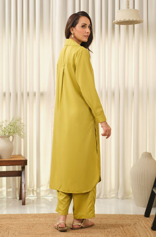 Manto Women's Lime Green 2-Piece Solid Co-Ord Set with Victorian Style Collar