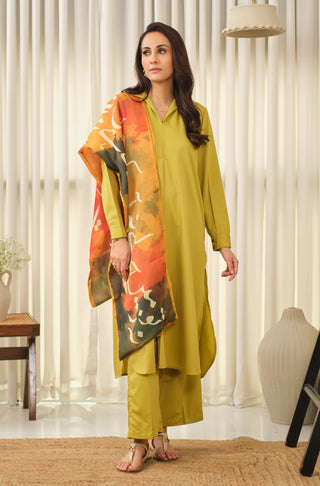 Manto Women's Lime Green 2-Piece Solid Co-Ord Set with Victorian Style Collar