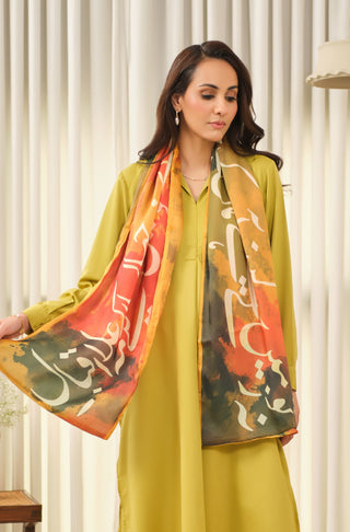 Manto Women's Orange Crinkle Silk Scarf with Urdu Calligraphy