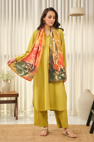 Manto Women's Lime Green 2-Piece Solid Co-Ord Set with Victorian Style Collar