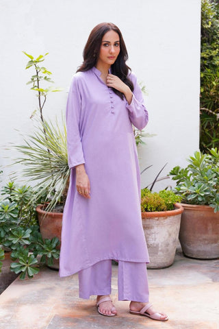 Manto Women's 2 Piece Soft Lavender Solid Kalidaar Co-ord with Paneled Shirt & Straight Pants