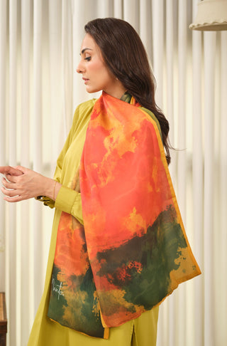 Manto Women's Orange Crinkle Silk Scarf with Urdu Calligraphy