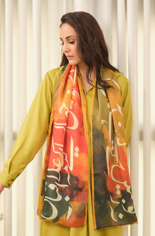 Manto Women's Orange Crinkle Silk Scarf with Urdu Calligraphy