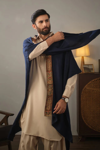 Manto's Unisex Blue Acrylic Cape with Printed Borders