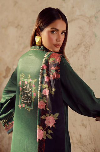 Manto Women's Ready to Wear 3 Piece Green & Black Co-Ord Set with Urdu Calligraphy