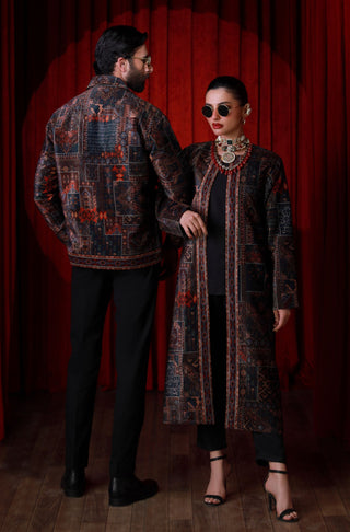 Manto Women's 1 Piece Ready to Wear Outerwear Front Open Long Velvet Coat with Urdu Calligraphy