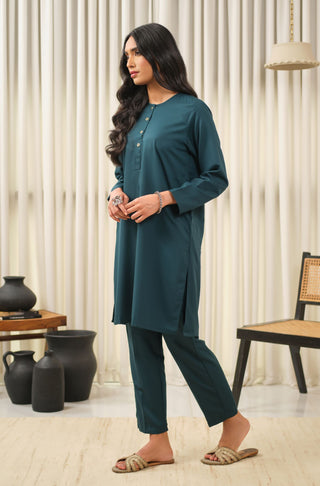 Manto Women's Deep Teal 2 Piece Solid Co-Ord Set with Lucknow Style Collar