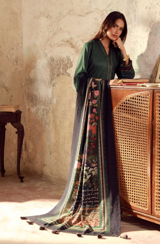 Manto Women's Ready to Wear 3 Piece Green & Black Co-Ord Set with Urdu Calligraphy