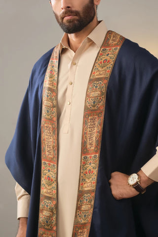 Manto's Unisex Blue Acrylic Cape with Printed Borders