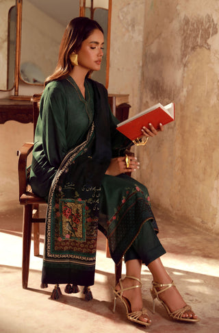 Manto Women's Ready to Wear 3 Piece Green & Black Co-Ord Set with Urdu Calligraphy