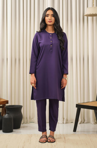 Manto Women's Deep Purple 2-Piece Lucknow Style Collar Solid Co-Ord Set