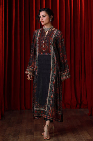 Manto Women's Stitched 1 piece Velvet Long Shirt featuring calligraphy of beautiful Urdu Words