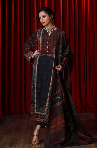 Manto Women's Stitched 1 piece Velvet Long Shirt featuring calligraphy of beautiful Urdu Words