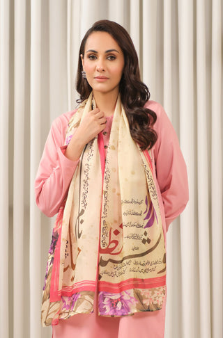 Manto Women's Pink Crinkle Silk Scarf with Urdu Calligraphy