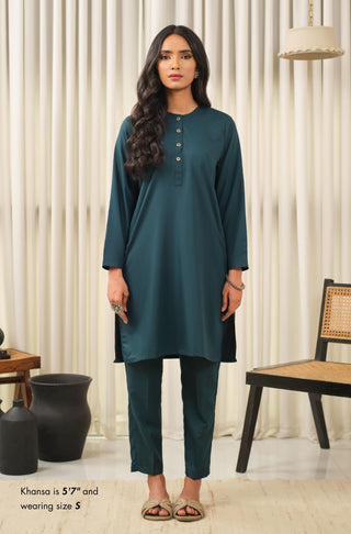 Manto Women's Deep Teal 2 Piece Solid Co-Ord Set with Lucknow Style Collar