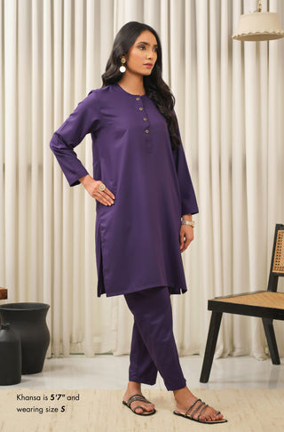 Manto Women's Deep Purple 2-Piece Lucknow Style Collar Solid Co-Ord Set