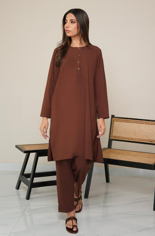 Shopmanto, wear manto, manto clothing brand, manto pakistan, ladies clothing brand, urdu calligraphy clothing, OG wearmanto women's collection wash n wear lucknow style 2 piece solid cocoa brown colour kurta and pajama, women 2 piece solid coord set