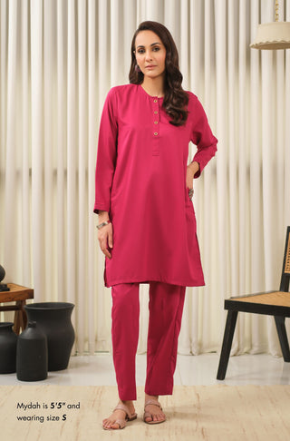 Manto Women's Magenta 2-Piece Lucknow Style Collar Solid Co-Ord Set