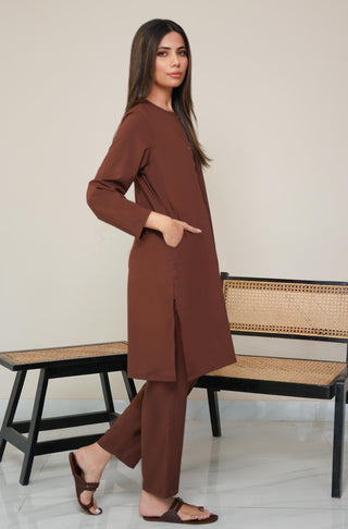 Shopmanto, wear manto, manto clothing brand, manto pakistan, ladies clothing brand, urdu calligraphy clothing, OG wearmanto women's collection wash n wear lucknow style 2 piece solid cocoa brown colour kurta and pajama, women 2 piece solid coord set