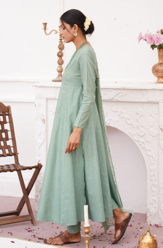 Shopmanto, wear manto, manto clothing brand, manto pakistan, ladies clothing brand, urdu calligraphy clothing, manto sage green colour solid women jahaan anarkali 2 piece co-ord set with chiffon dupatta