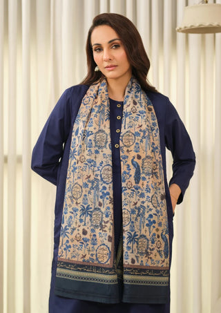 Manto Women's Blue Hijab Friendly Printed Scarf with Urdu Calligraphy