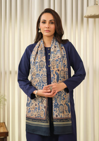 Manto Women's Blue Hijab Friendly Printed Scarf with Urdu Calligraphy