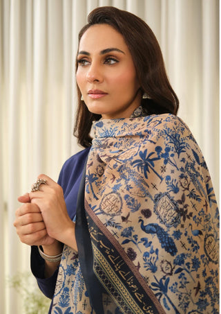 Manto Women's Blue Hijab Friendly Printed Scarf with Urdu Calligraphy