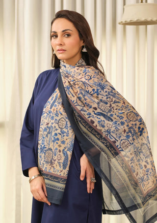 Manto Women's Blue Hijab Friendly Printed Scarf with Urdu Calligraphy