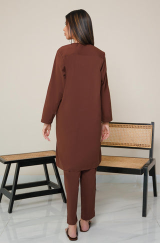 Shopmanto, wear manto, manto clothing brand, manto pakistan, ladies clothing brand, urdu calligraphy clothing, OG wearmanto women's collection wash n wear lucknow style 2 piece solid cocoa brown colour kurta and pajama, women 2 piece solid coord set