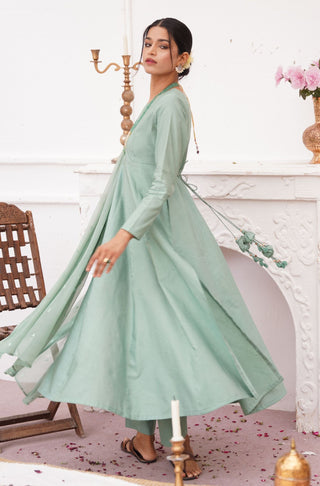 Shopmanto, wear manto, manto clothing brand, manto pakistan, ladies clothing brand, urdu calligraphy clothing, manto sage green colour solid women jahaan anarkali 2 piece co-ord set with chiffon dupatta
