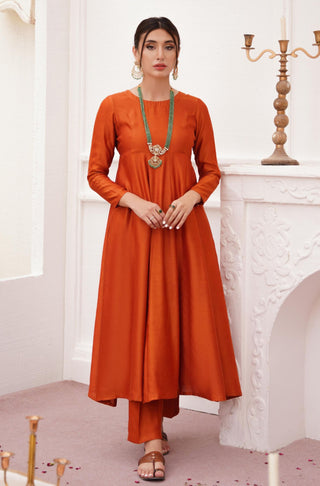 Shopmanto, wear manto, manto clothing brand, manto pakistan, ladies clothing brand, urdu calligraphy clothing, manto burnt orange colour solid women jahaan anarkali 2 piece co-ord set