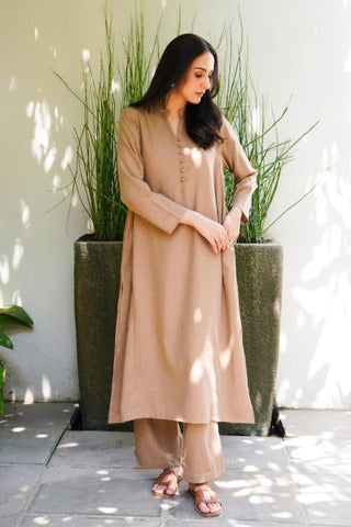 Manto Women's 2 Piece Sandy Beige Solid Kalidaar Co-ord with Paneled Shirt & Straight Pants
