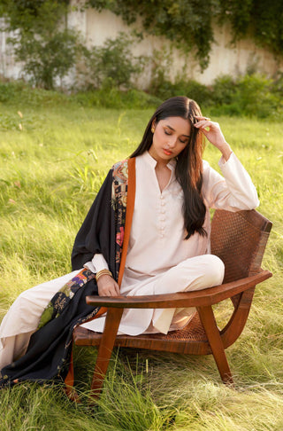 Manto Women's 2 Piece Cream White Solid Kalidaar Co-ord Paired with Ishq Odhni