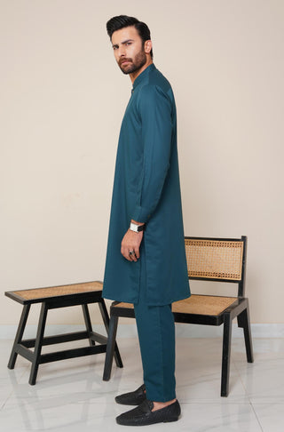 Shopmanto, wear manto, manto clothing brand, manto pakistan, ladies clothing brand, urdu calligraphy clothing, OG wearmanto men's collection wash n wear sherwani collar 2 piece solid deep teal colour kurta and pajama