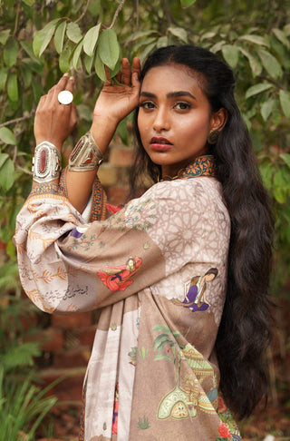 Manto Women's Grey Printed Outerwear Long Shrug with Illustrations & Urdu Calligraphy