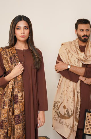 Shopmanto, wear manto, manto clothing brand, manto pakistan, ladies clothing brand, urdu calligraphy clothing, OG wearmanto women's collection wash n wear lucknow style 2 piece solid cocoa brown colour kurta and pajama, women 2 piece solid coord set