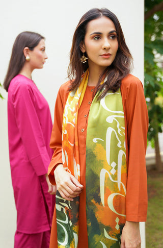 Manto Women's Two Piece Solid Orange Co-Ord Set paired with Jahaan Stole
