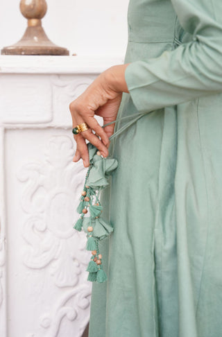 Shopmanto, wear manto, manto clothing brand, manto pakistan, ladies clothing brand, urdu calligraphy clothing, manto sage green colour solid women jahaan anarkali 2 piece co-ord set with chiffon dupatta