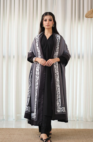 Manto's Unisex Grey Winter Shawl featuring Urdu Calligraphy on the Borders